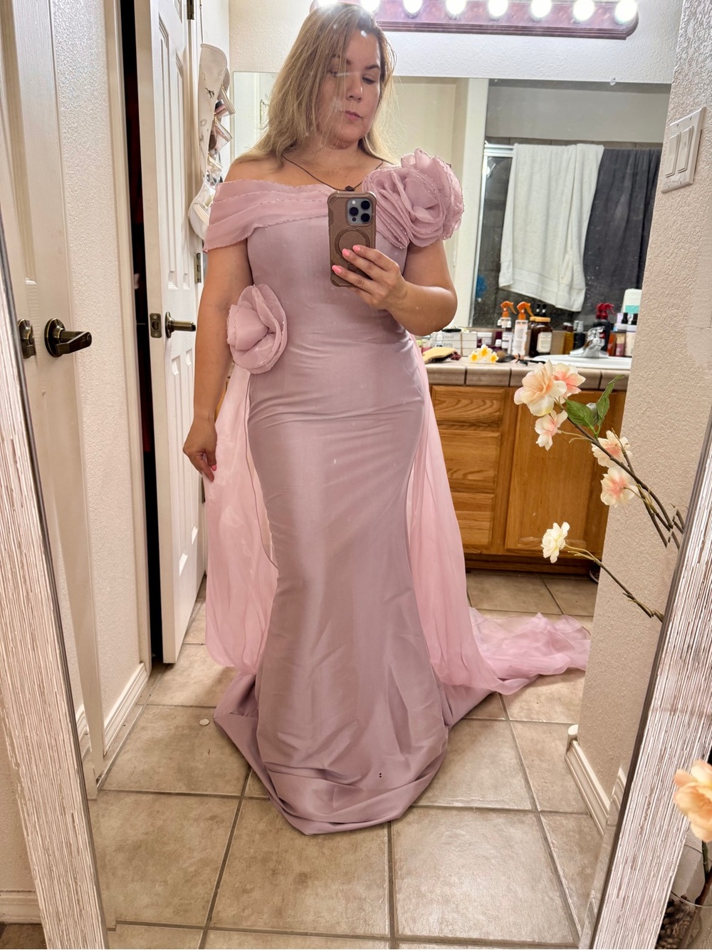 Terani Couture One-Shoulder Blush Pink Mermaid Gown with Rosette Detail - Picture 8 of 10
